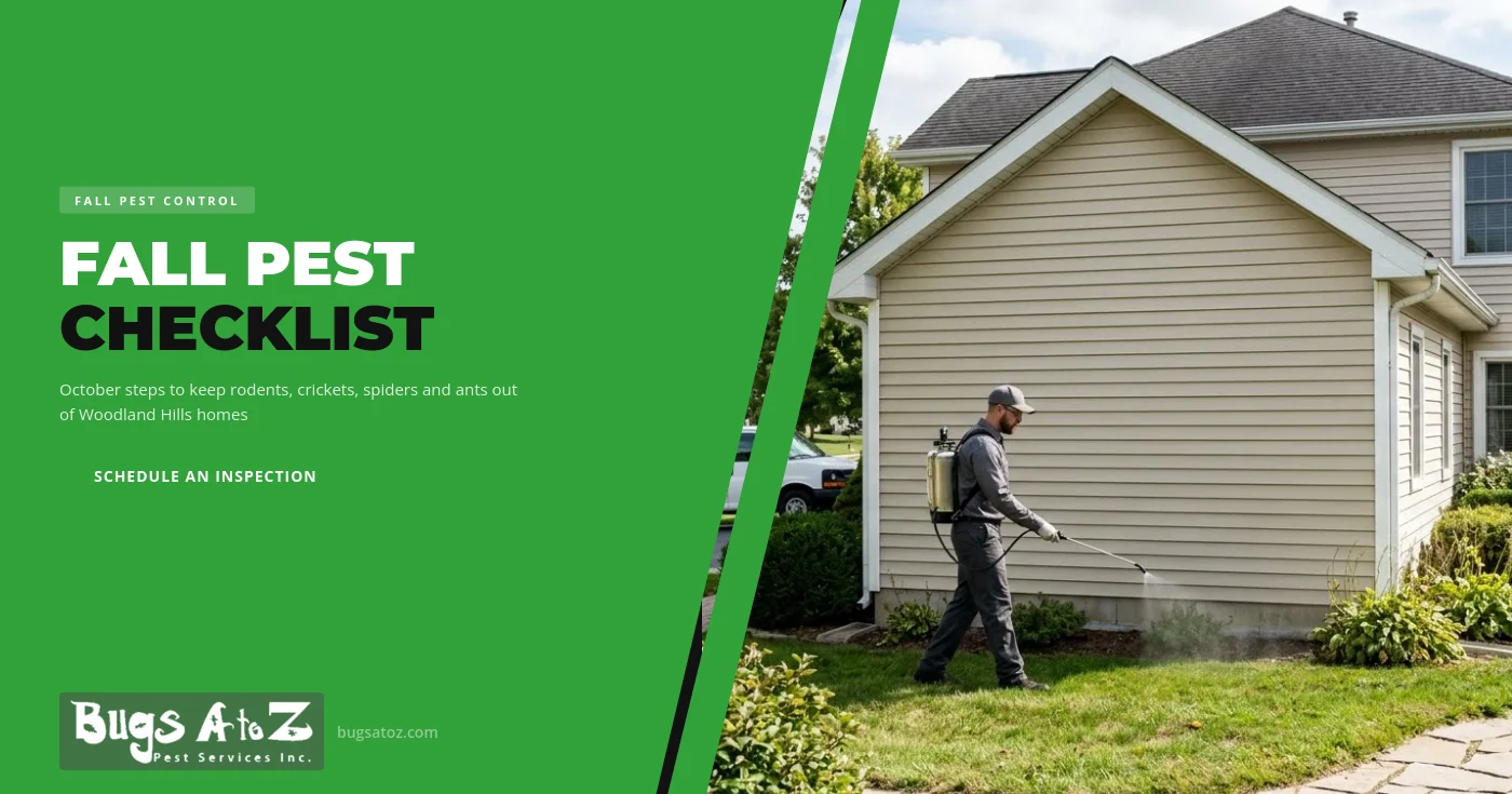 A pest control technician sealing a gap along the stucco foundation of a ranch-style home in Woodland Hills on a clear autumn afternoon.