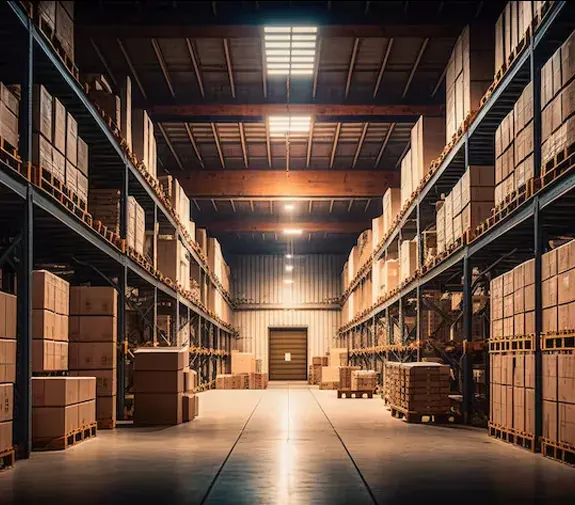 Spacious warehouse interior with tall industrial shelves stacked with cardboard boxes, well-lit by ceiling lights for organized storage and inventory management.
